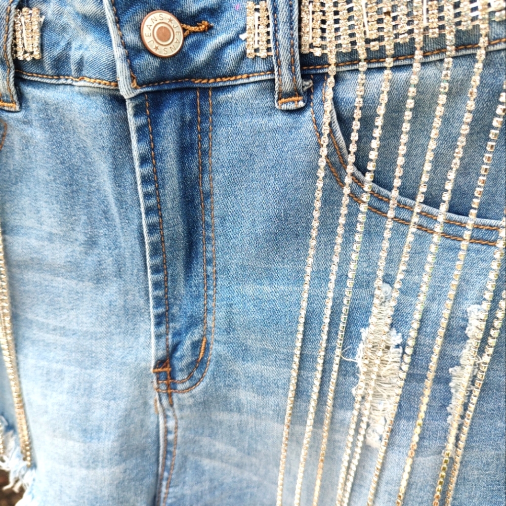 High waisted distressed rhinestone fringe jean shorts - Picture 7 of 16